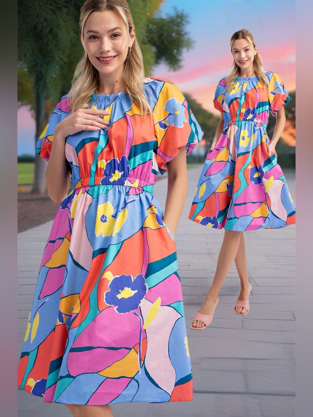 Easel | Avery Chromatic Abstract Midi Cotton Dress Dopamine Dressing New Large